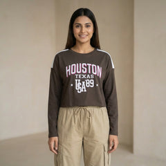 Women’s “Houston Texas” Printed Full Sleeve Cotton T-Shirt