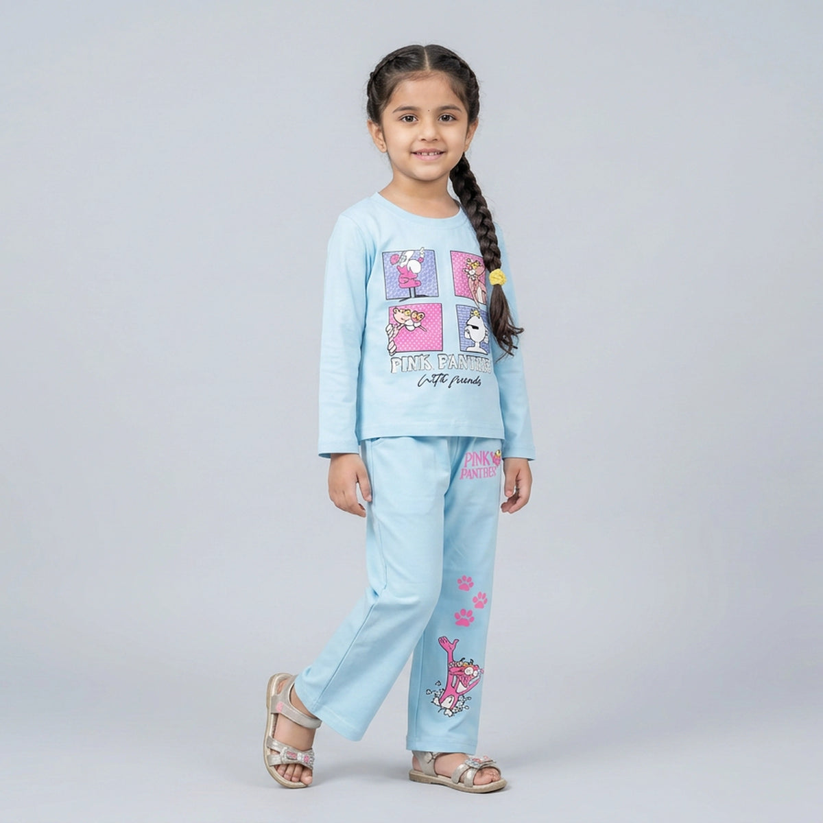 Girls Panther Co-Ord Set – Maroon Cartoon Printed Sweatshirt & Wide Leg Pants for Kids - image 2