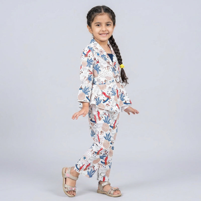 Girls Printed Peplum Co-Ord Set with Belt – Stylish Blazer Style Party Wear Outfit for Kids