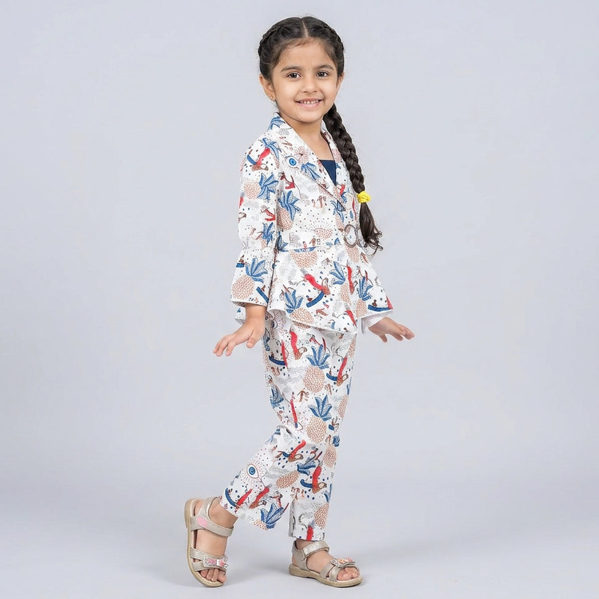 Girls Printed Peplum Co-Ord Set with Belt – Stylish Blazer Style Party Wear Outfit for Kids - image 3