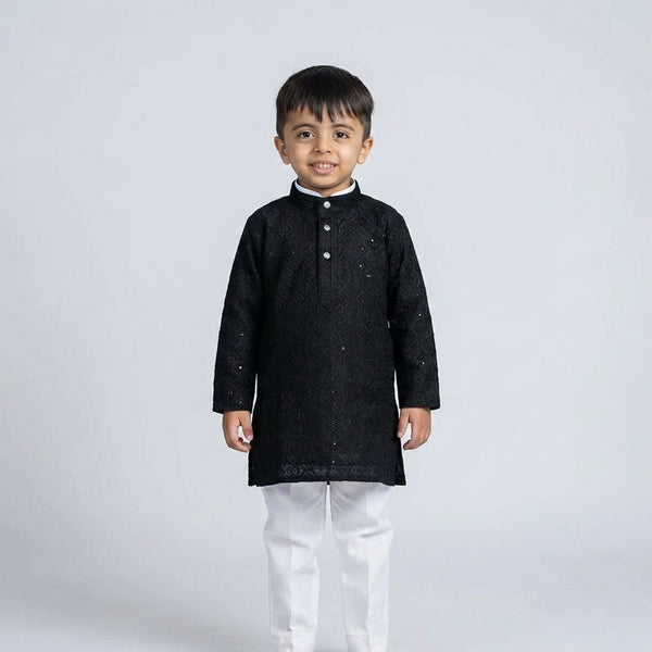 Boys Embroidered Kurta Set with White Pajama – Festive Ethnic Wear for Kids
