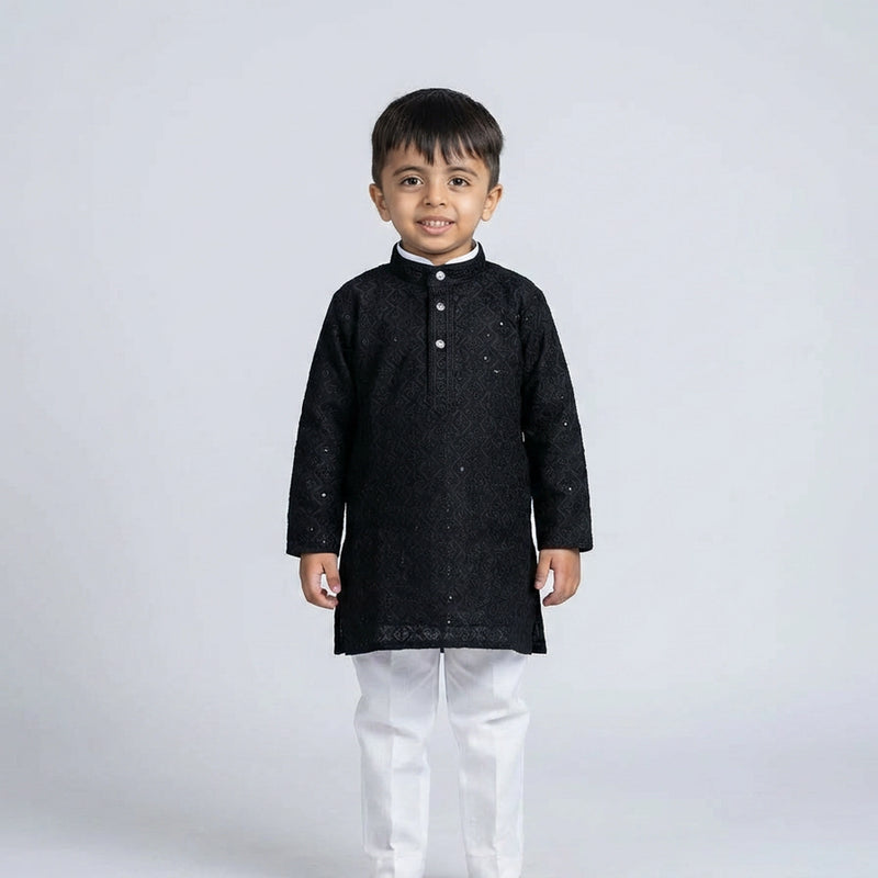 Boys Embroidered Kurta Set with White Pajama – Festive Ethnic Wear for Kids