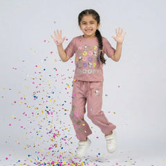 Girls Snoopy Printed Co-Ord Set – Beige Graphic T-Shirt & Wide Leg Pants for Kids