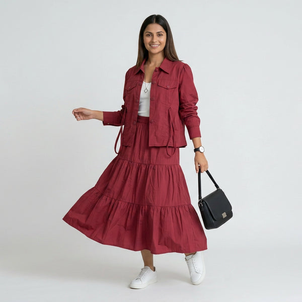 Women’s Pleated Maxi Dress with Crop Shirt Top – Elegant Long Sleeve Dress