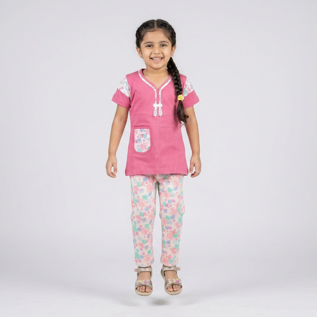Girls Pink Tunic Top with Floral Print Pants Co-ord Set