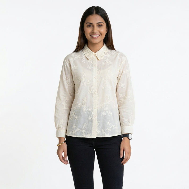 Blush Floral Embroidered Button-Down Shirt – Elegant Everyday Chic