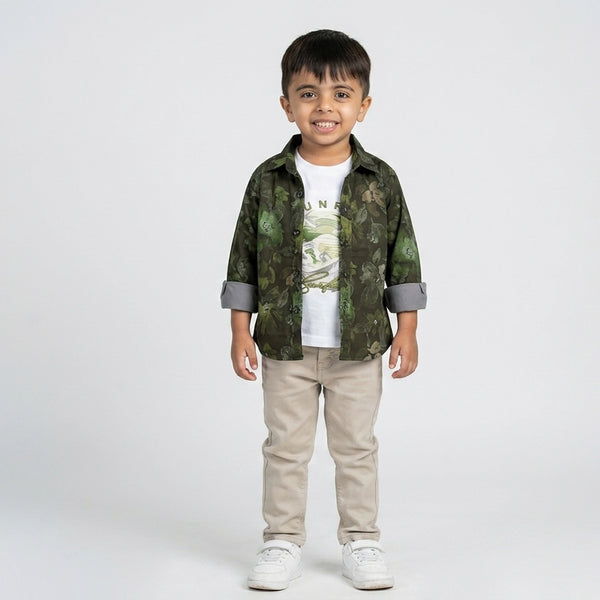 Boys Dark Printed Shirt with Graphic T-Shirt & Grey Jeans – Stylish Kids 3-Piece Casual Outfit Set KD-MV-B-SET-10060