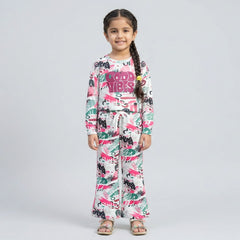 Girls Graphic Printed Co-Ord Set – White & Blue Full Sleeve Kids Lounge Wear Set