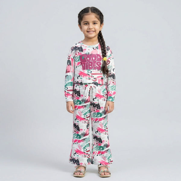 Girls Graphic Printed Co-Ord Set – White & Blue Full Sleeve Kids Lounge Wear Set