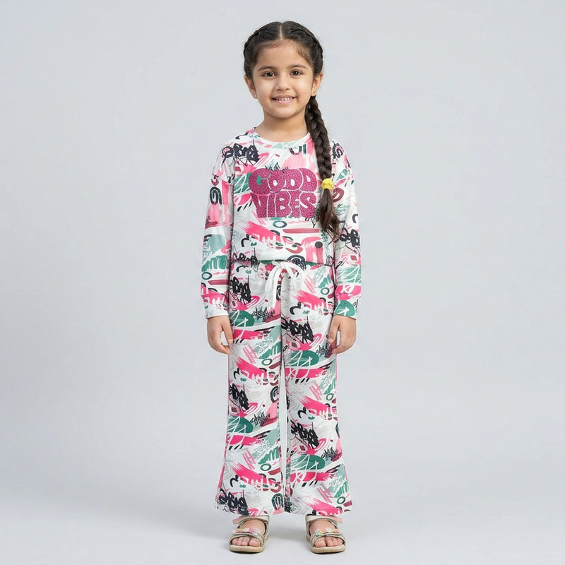 Girls Graphic Printed Co-Ord Set – White & Blue Full Sleeve Kids Lounge Wear Set