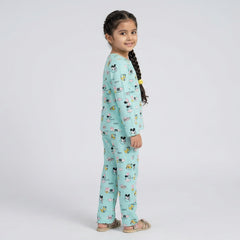Girls Cartoon Printed Night Suit Set – Soft Full Sleeve Kids Co-Ord Pajama Set