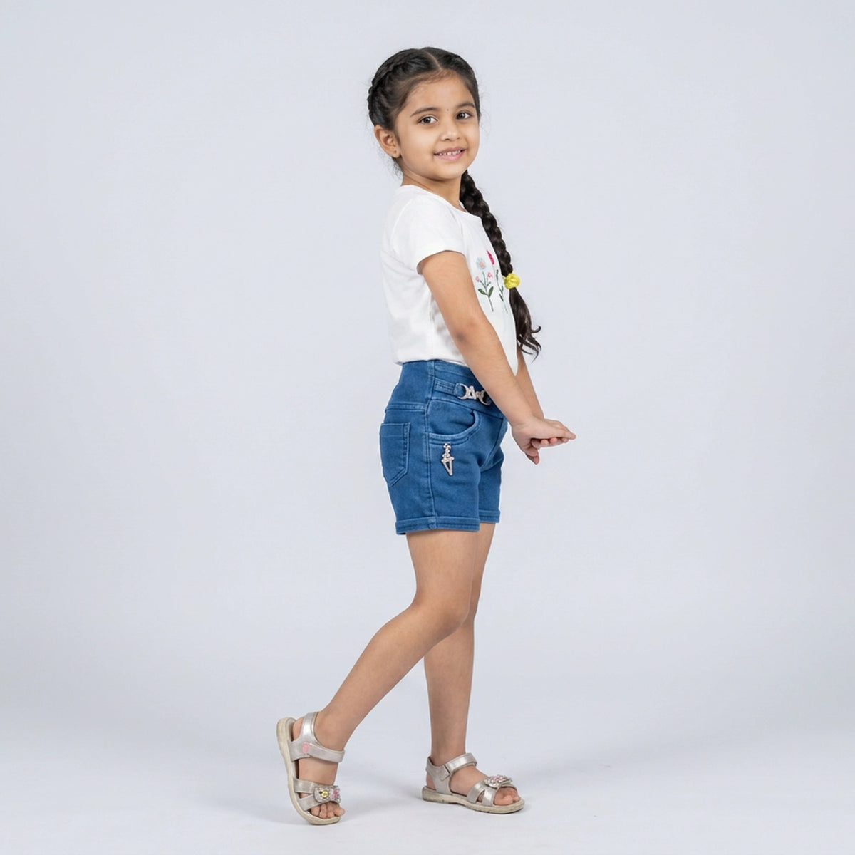 Girls Blue High-Waist Denim Shorts with Charm Drawstring Detail