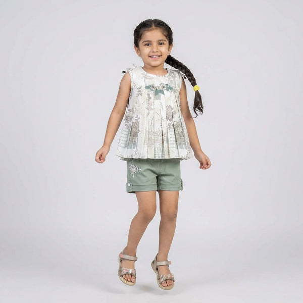 Girls Sage Green Printed Top & Shorts Set – Stylish Summer Casual Co-Ord Outfit for Kids
