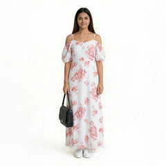 Floral Midi Dress with Puff Sleeves & Sweetheart Neckline – Elegant Summer A-Line Dress for Women