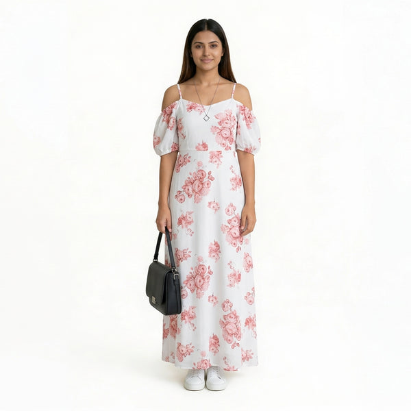 Floral Midi Dress with Puff Sleeves & Sweetheart Neckline – Elegant Summer A-Line Dress for Women