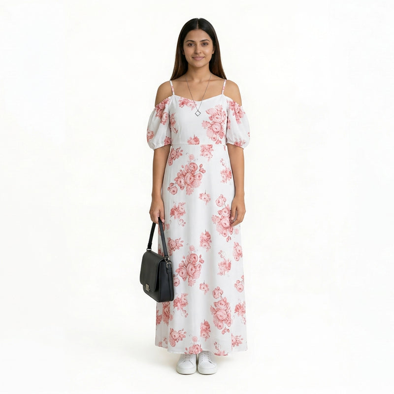 Floral Midi Dress with Puff Sleeves & Sweetheart Neckline – Elegant Summer A-Line Dress for Women