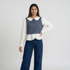 Women’s Gingham Peplum Top with Peter Pan Collar – Casual Chic Outfit Set