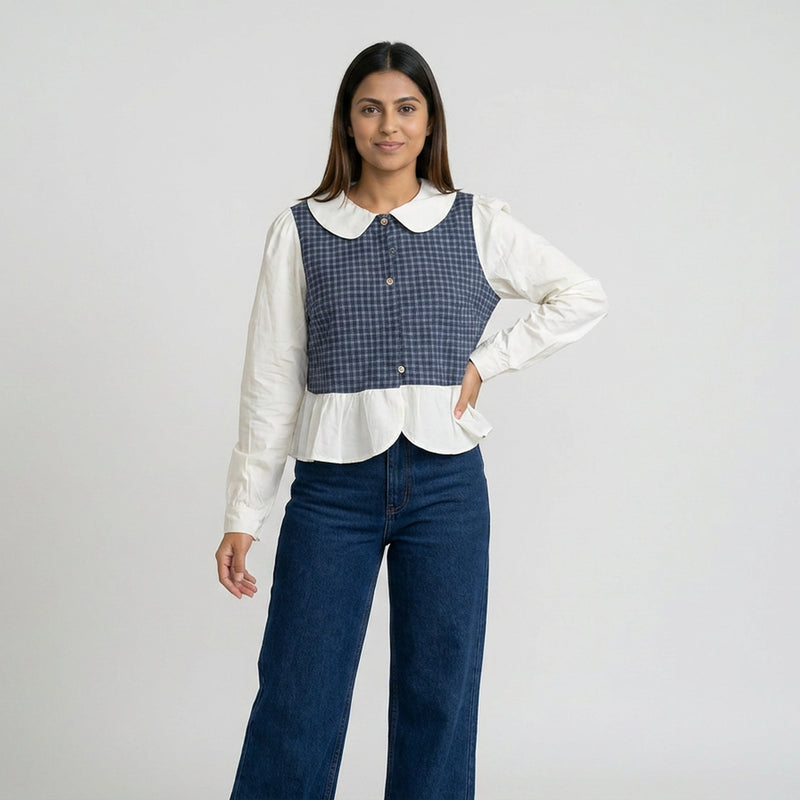 Women’s Gingham Peplum Top with Peter Pan Collar – Casual Chic Outfit Set