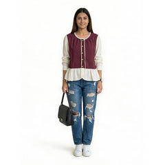 Polka Dot Button-Front Peplum Top with Contrast Sleeves