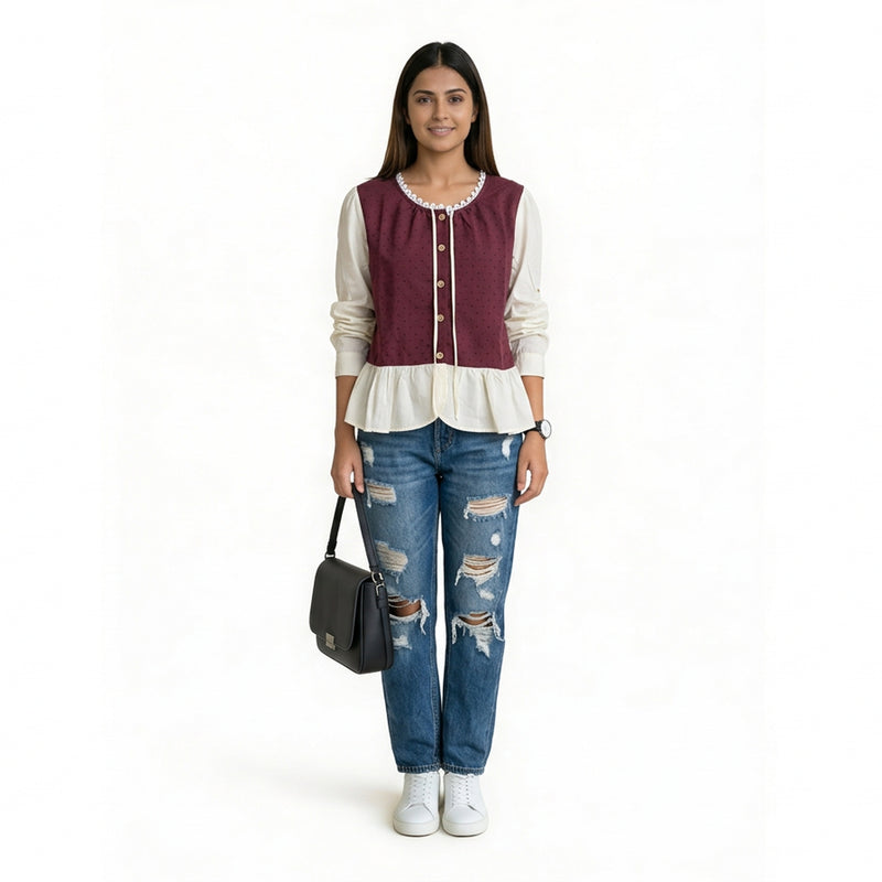 Polka Dot Button-Front Peplum Top with Contrast Sleeves