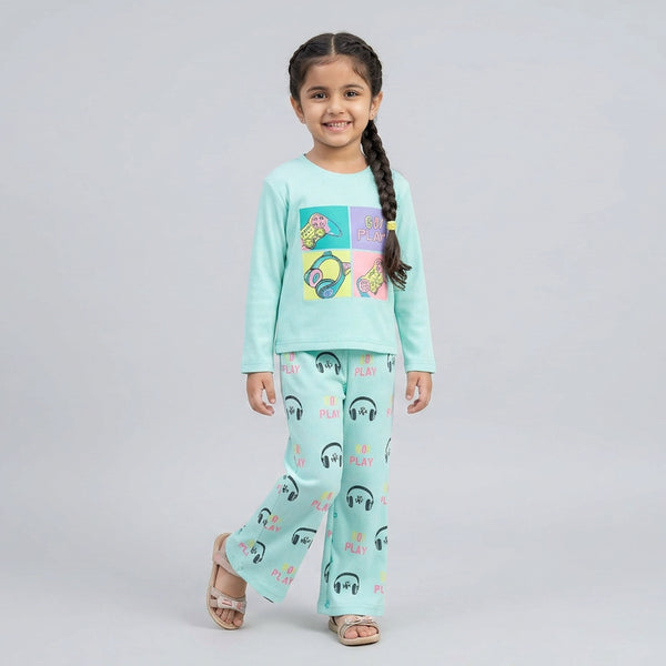 Girls Graphic Co-Ord Set – Cute Printed Sweatshirt & Flared Pants Outfit for Kids
