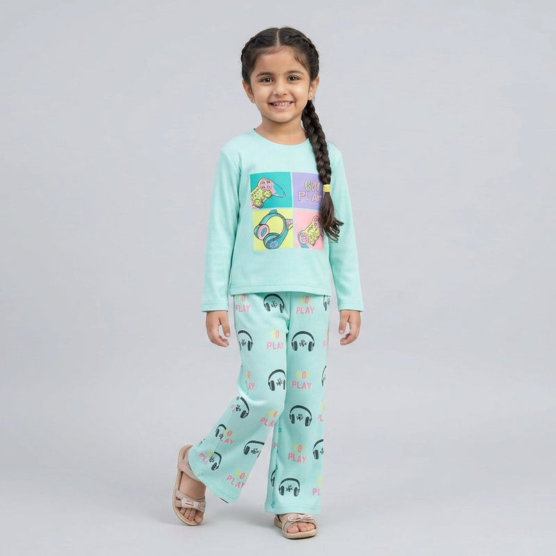 Girls Graphic Co-Ord Set – Cute Printed Sweatshirt & Flared Pants Outfit for Kids