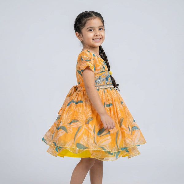 Girls orange Printed dress – Stylish Summer Casual dress Outfit for Kids