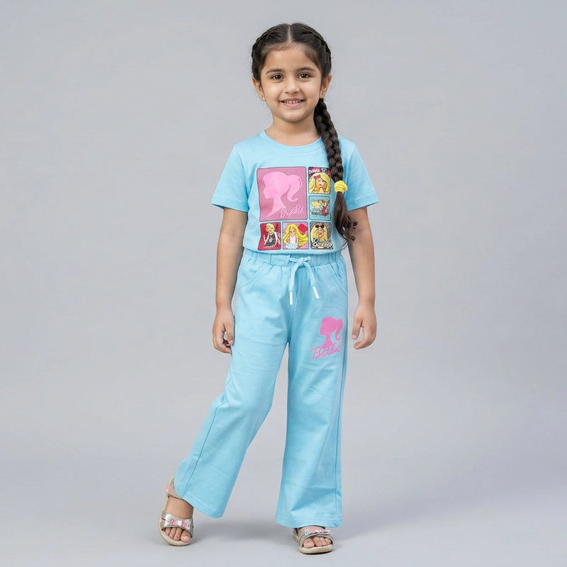 Girls Barbie Co-Ord Set – Stylish Graphic T-Shirt & Flared Pants Outfit for Kids