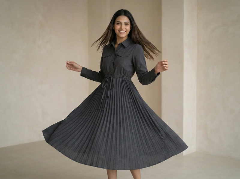 Woman wearing a charcoal grey shirt-style dress with a cinched waist and pleated skirt, twirling in a minimal indoor setting.

