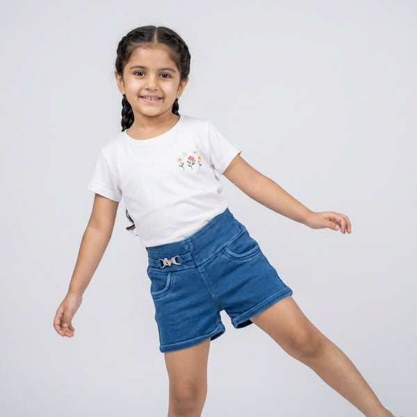 Girls Blue High-Waist Denim Shorts with Charm Drawstring Detail
