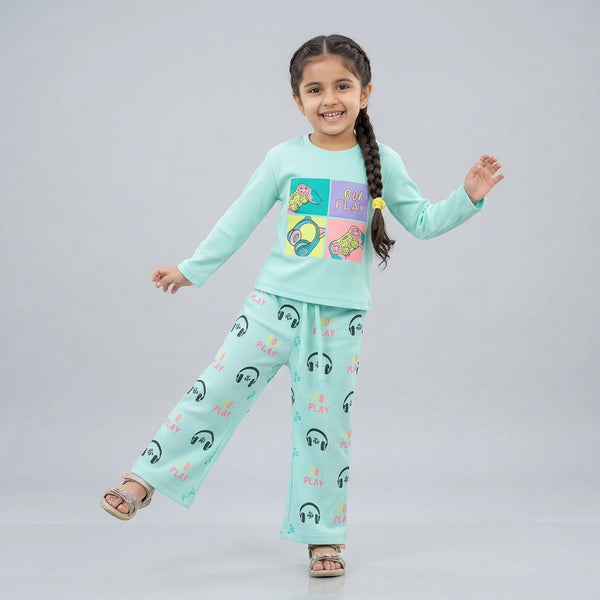 Girls Graphic Co-Ord Set – Cute Printed Sweatshirt & Flared Pants Outfit for Kids