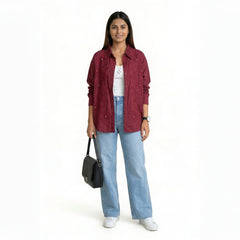 Women’s Embroidered Cotton Shirt – Floral Detail Button-Down Top | Pink, White,Beige,Black & Maroon Smart Casual Shirt