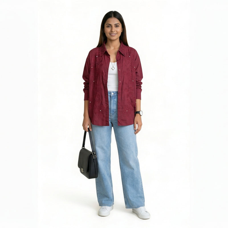 Women’s Embroidered Cotton Shirt – Floral Detail Button-Down Top | Pink, White,Beige,Black & Maroon Smart Casual Shirt