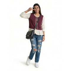 Polka Dot Button-Front Peplum Top with Contrast Sleeves