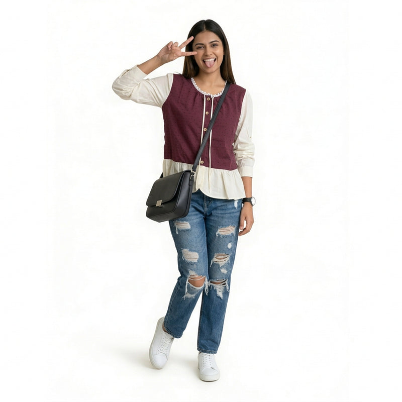 Polka Dot Button-Front Peplum Top with Contrast Sleeves