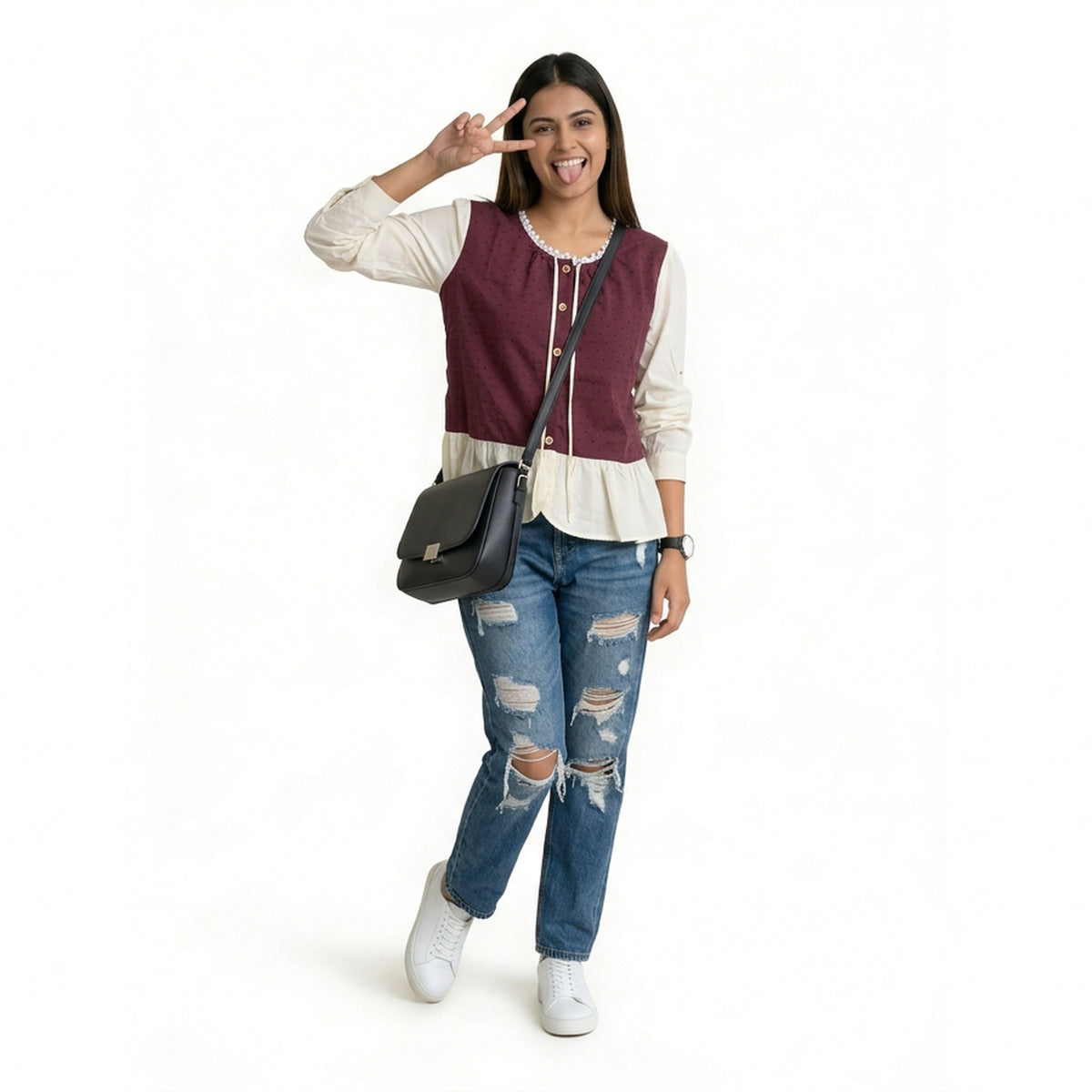 Polka Dot Button-Front Peplum Top with Contrast Sleeves - image 4