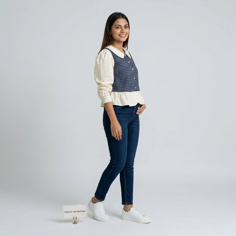 Women’s Gingham Peplum Top with Peter Pan Collar – Casual Chic Outfit Set