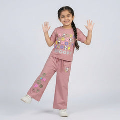 Girls Snoopy Printed Co-Ord Set – Beige Graphic T-Shirt & Wide Leg Pants for Kids
