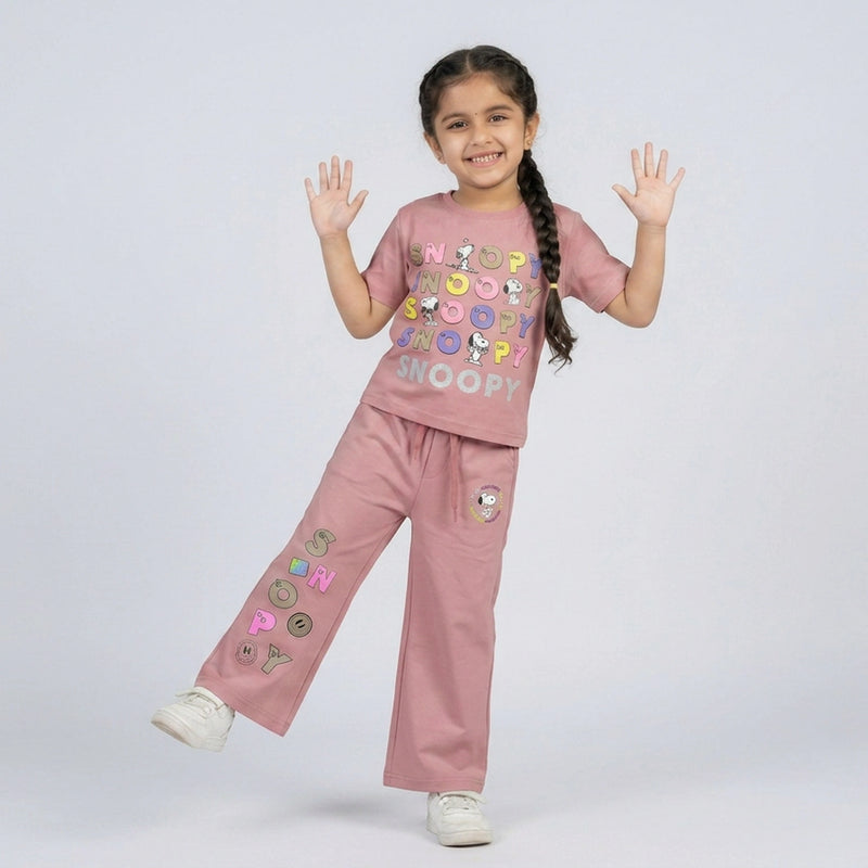 Girls Snoopy Printed Co-Ord Set – Beige Graphic T-Shirt & Wide Leg Pants for Kids