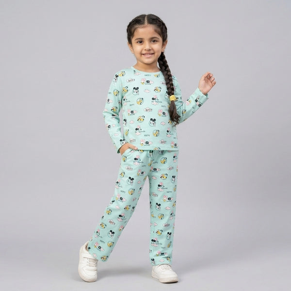 Girls Cartoon Printed Night Suit Set – Soft Full Sleeve Kids Co-Ord Pajama Set