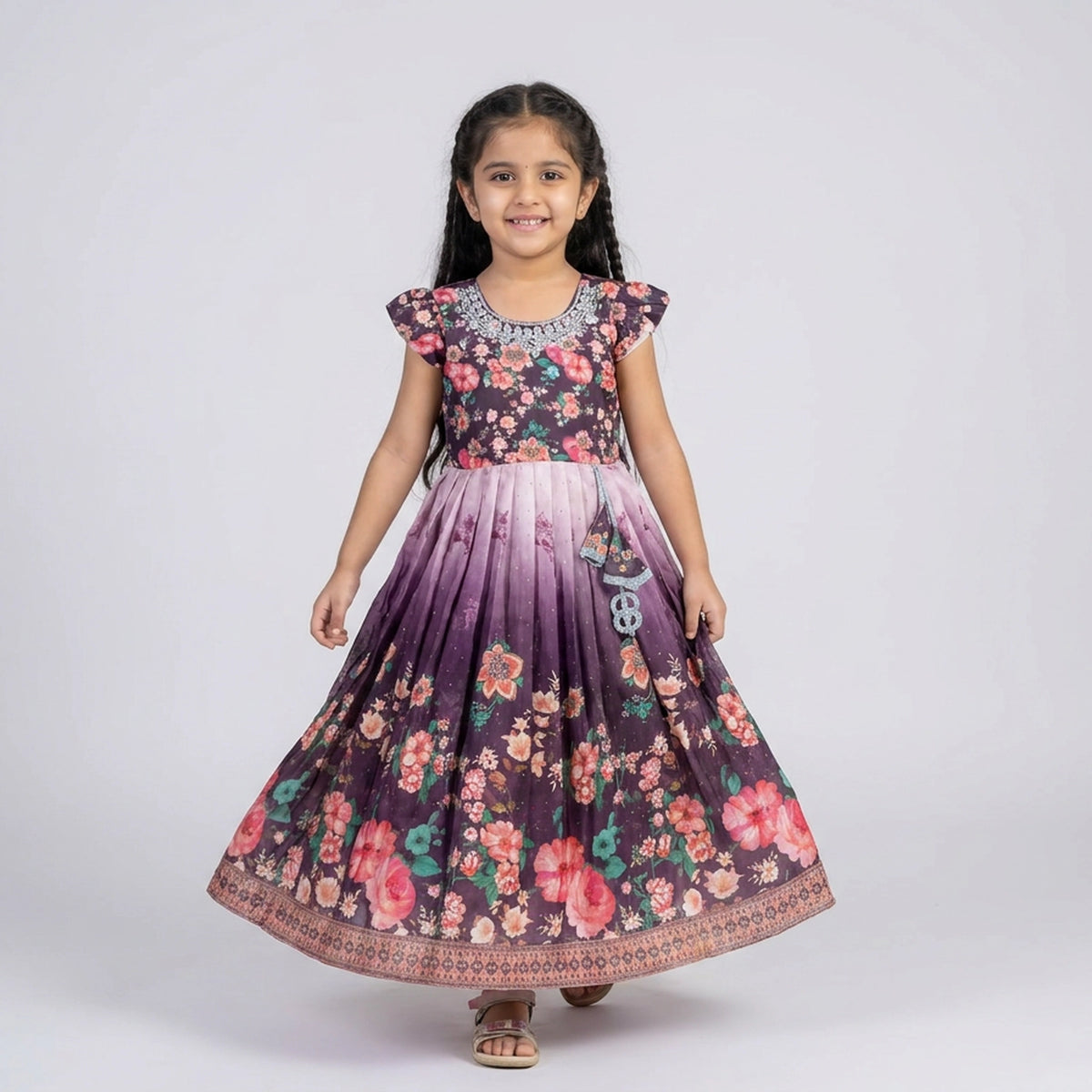 Girls Purple Ombre Floral Print Embellished Flutter Sleeve Gown – Kids Party Wear