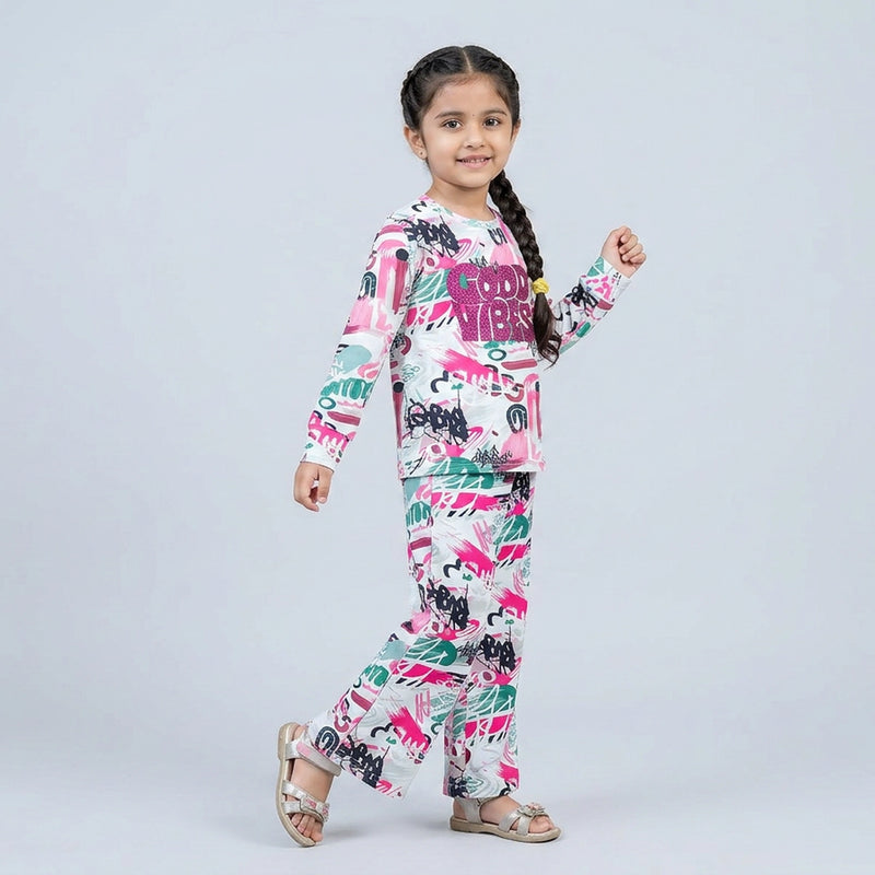 Girls Graphic Printed Co-Ord Set – White & Blue Full Sleeve Kids Lounge Wear Set