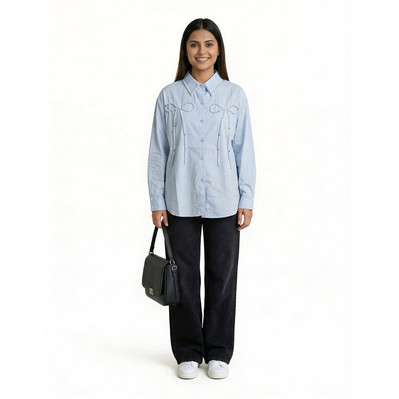 Women’s Embroidered Bow Shirt – Elegant Button-Down Long Sleeve Top | Cute Smart Casual & Office Wear