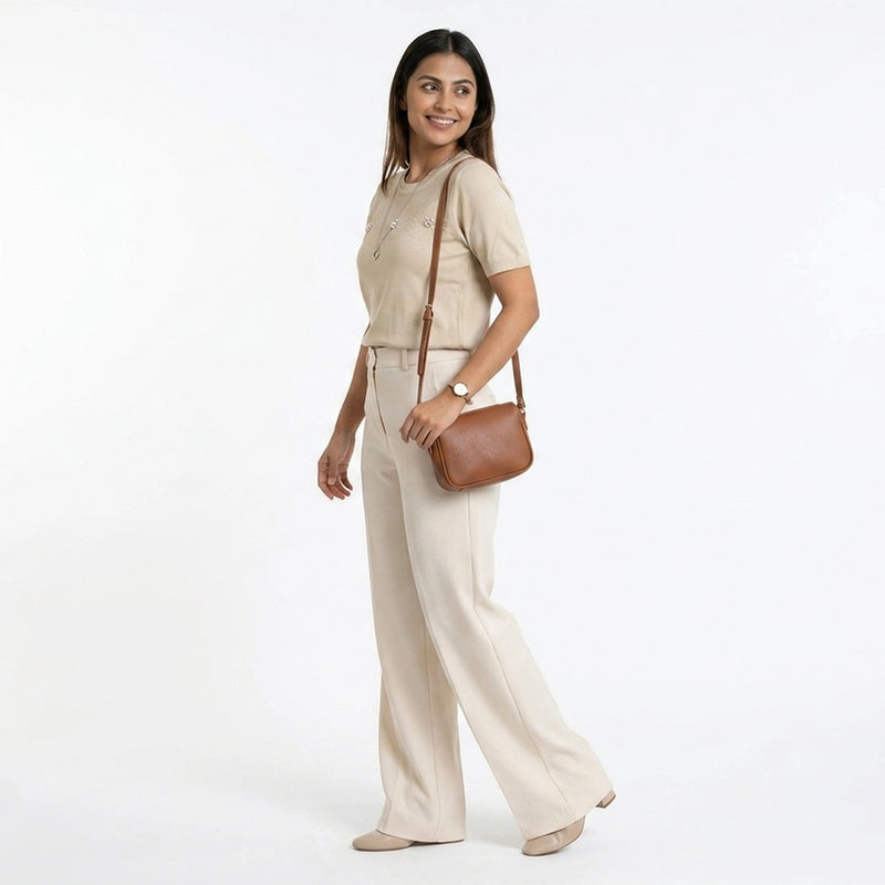 Women Knit Top – Casual Short Sleeve T-Shirt with Minimal Embroidery Detail