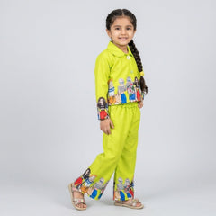 Girl wearing neon green printed co-ord set with collared shirt and wide leg pants trendy kids fashion outfit for girls