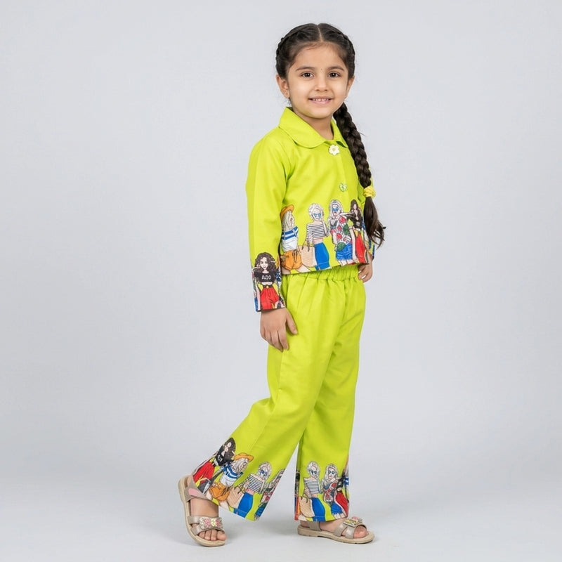 Girl wearing neon green printed co-ord set with collared shirt and wide leg pants trendy kids fashion outfit for girls
