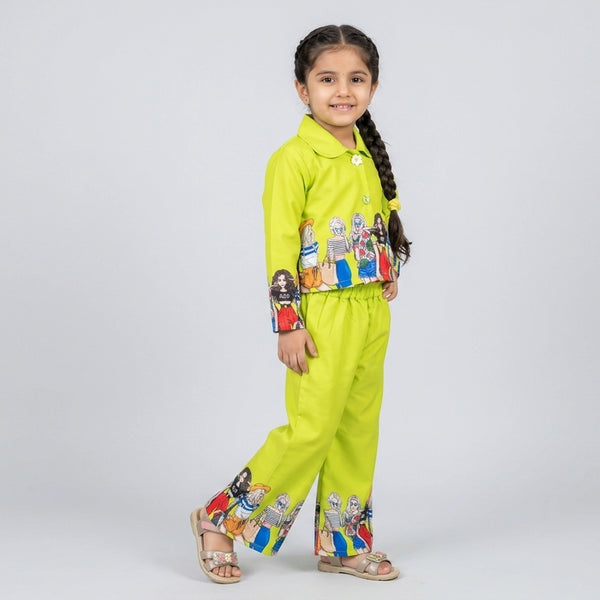 Girls Neon Green Printed Co-Ord Set – Trendy Shirt & Wide Leg Pants Outfit for Kids