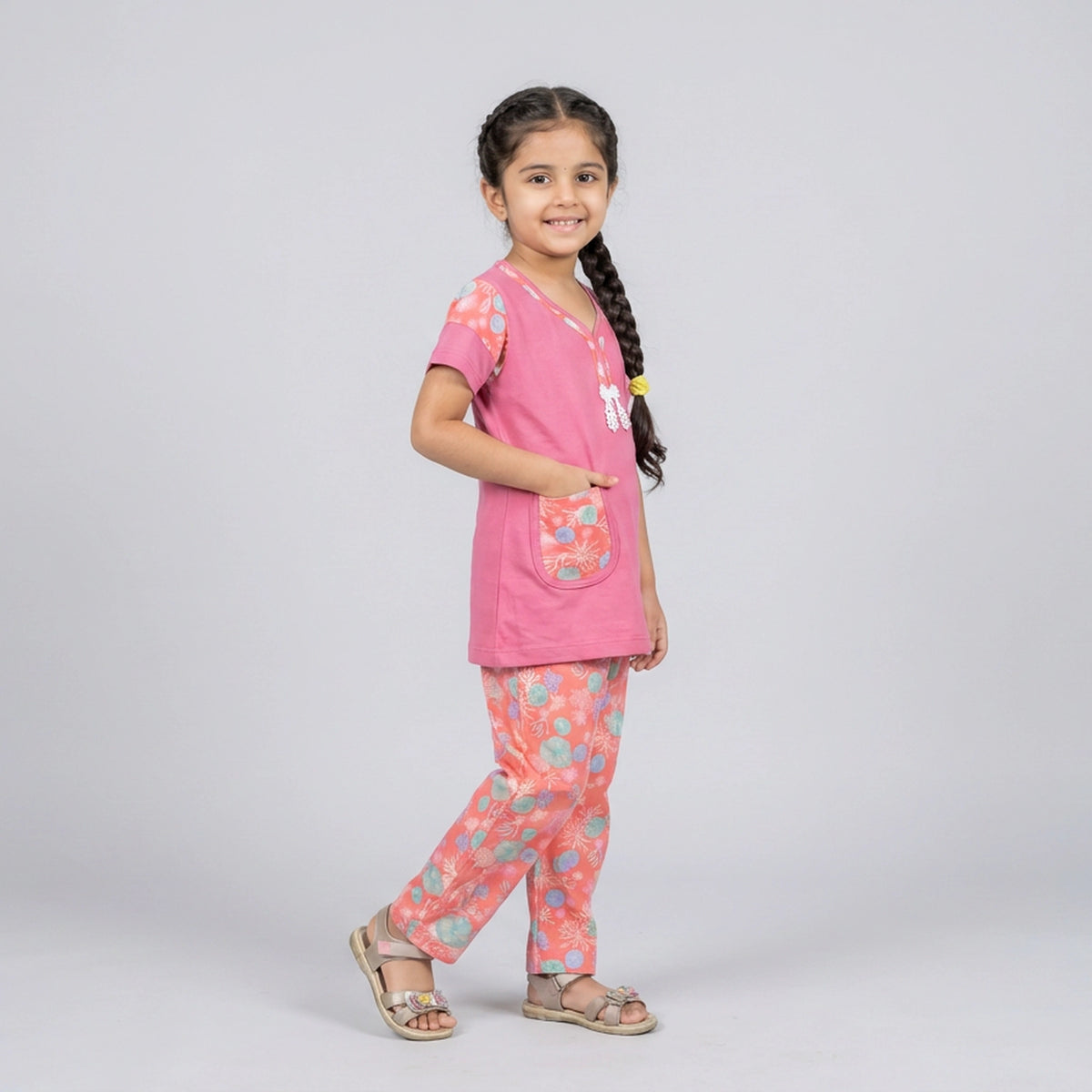 Girls Pink Tunic Top with Floral Print Pants Co-ord Set