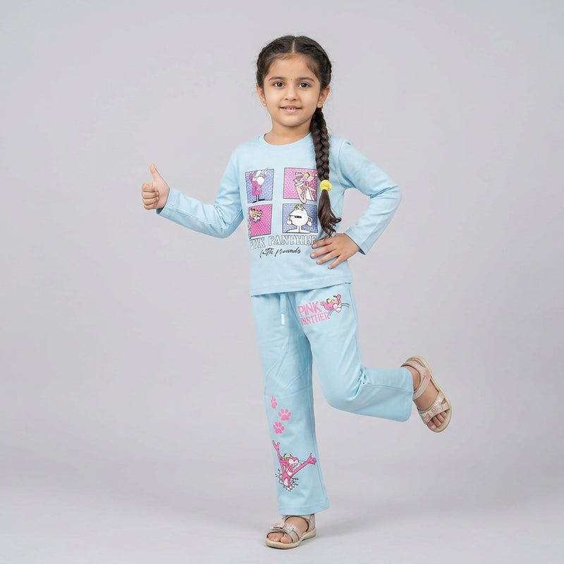 Girls Panther Co-Ord Set – Maroon Cartoon Printed Sweatshirt & Wide Leg Pants for Kids