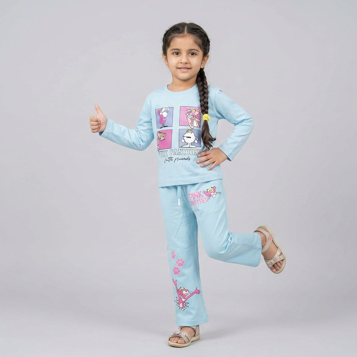 Girls Panther Co-Ord Set – Maroon Cartoon Printed Sweatshirt & Wide Leg Pants for Kids - image 4
